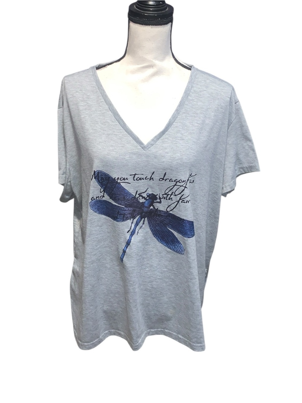 Casual Gray V-Neck Dragonfly Graphic Tee Shirt Positive Quote